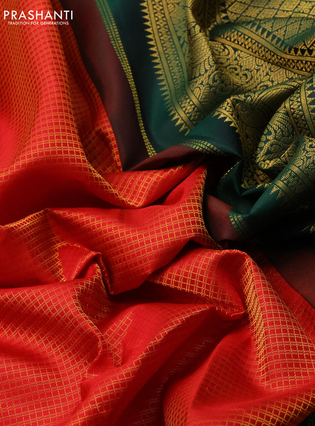 Pure kanchipuram silk saree red and green with allover small zari checked pattern and long zari woven korvai border