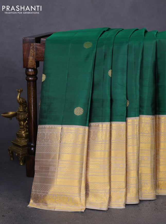 Pure kanchipuram silk saree green and grey with zari woven buttas and long zari woven korvai border