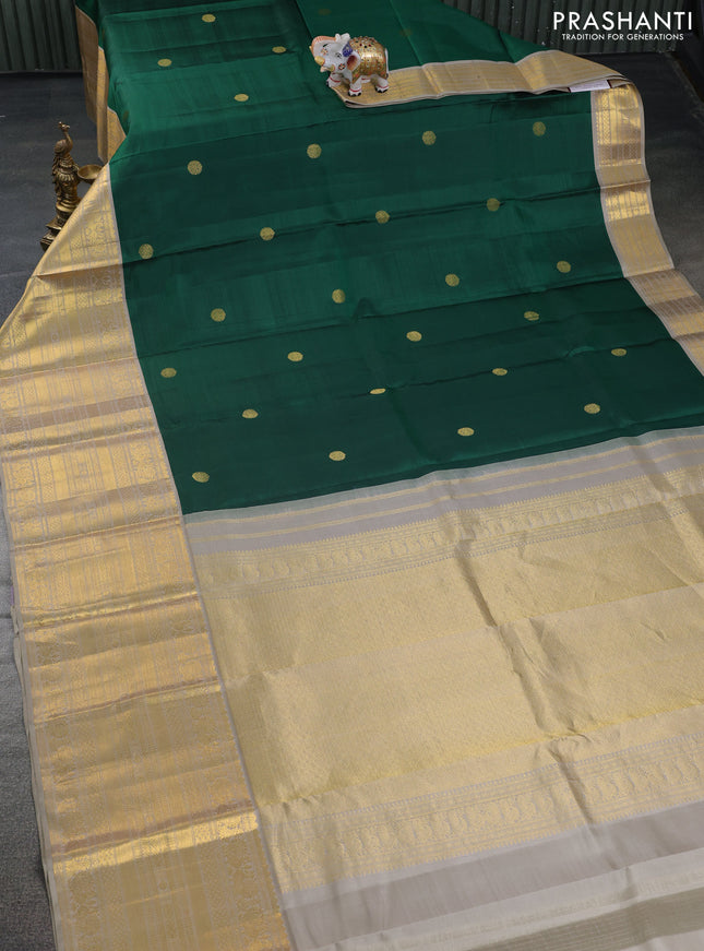 Pure kanchipuram silk saree green and grey with zari woven buttas and long zari woven korvai border
