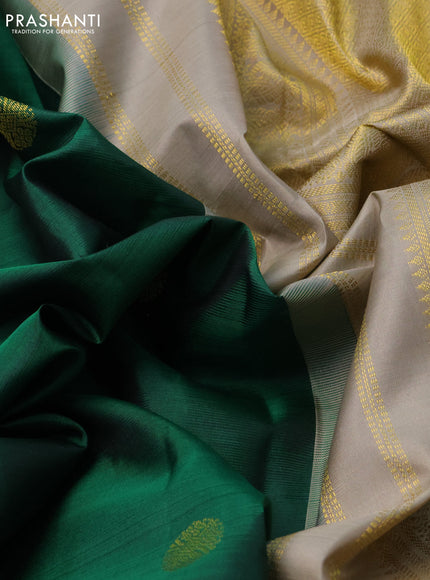Pure kanchipuram silk saree green and grey with zari woven buttas and long zari woven korvai border