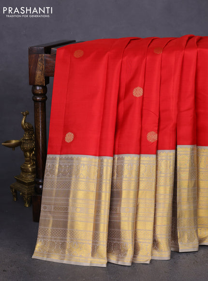 Pure kanchipuram silk saree red and grey with zari woven buttas and long zari woven korvai border