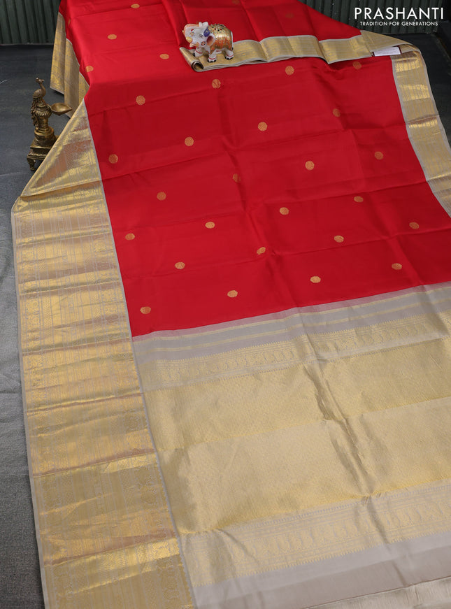 Pure kanchipuram silk saree red and grey with zari woven buttas and long zari woven korvai border