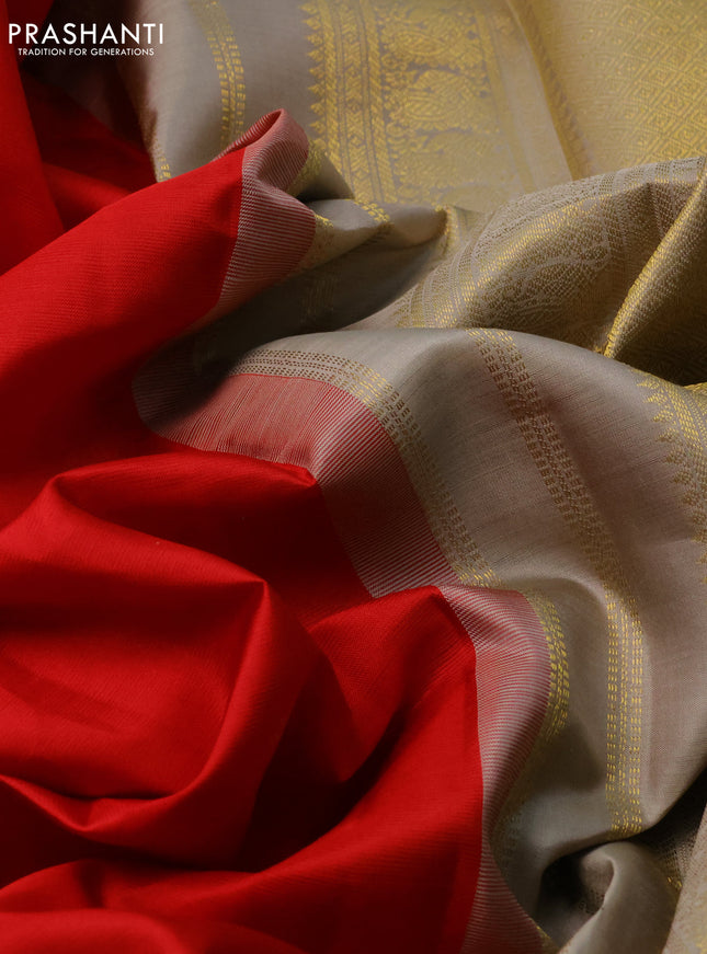 Pure kanchipuram silk saree red and grey with zari woven buttas and long zari woven korvai border