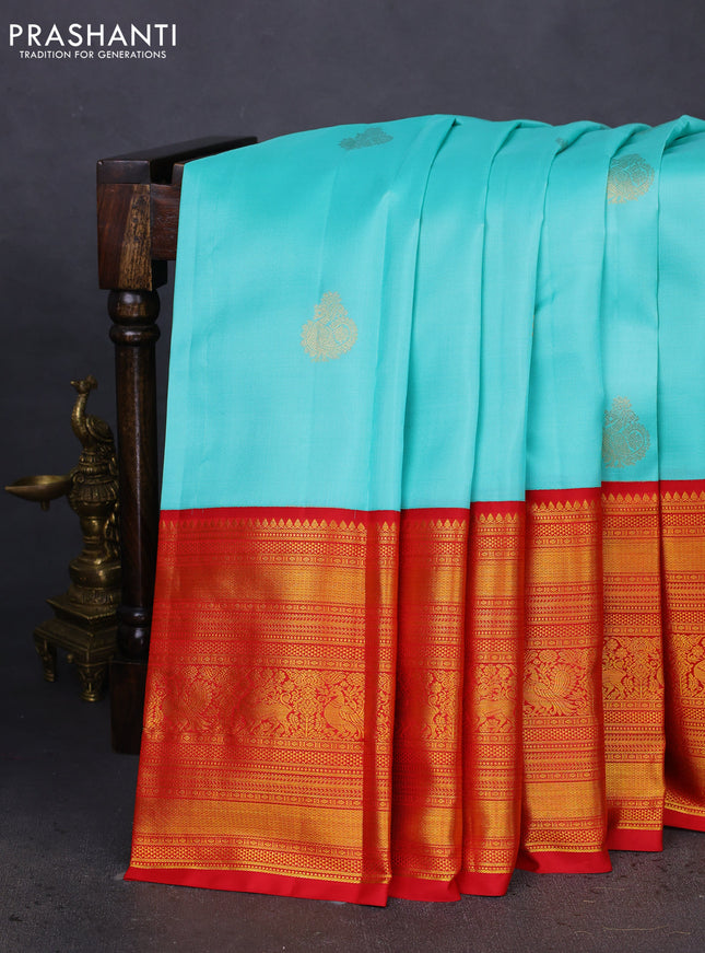 Pure kanchipuram silk saree teal blue and red with zari woven buttas and long zari woven korvai border