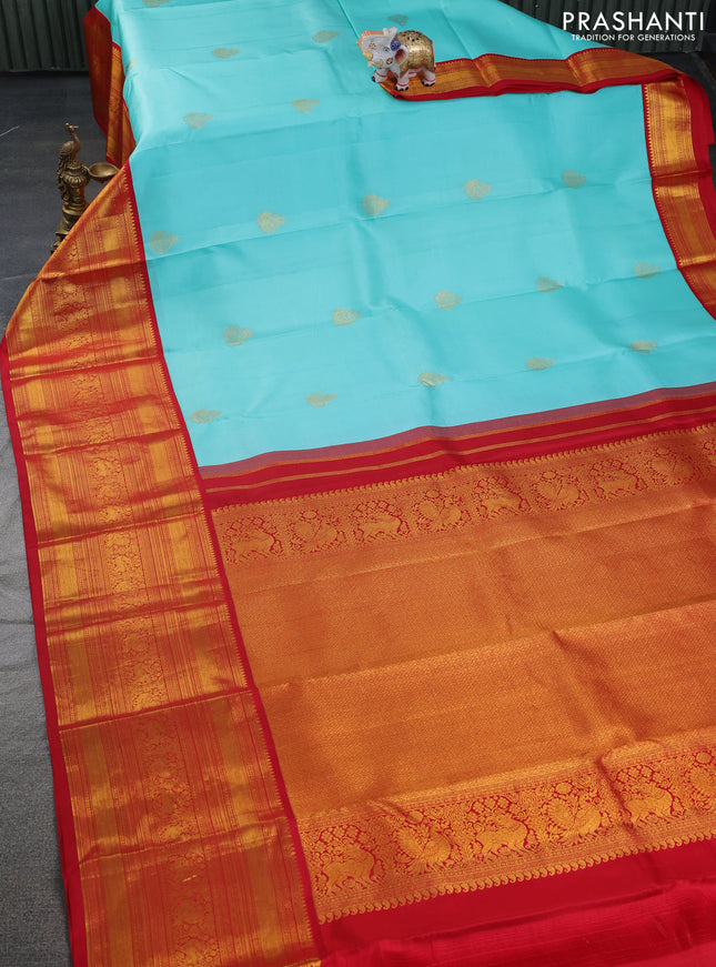 Pure kanchipuram silk saree teal blue and red with zari woven buttas and long zari woven korvai border