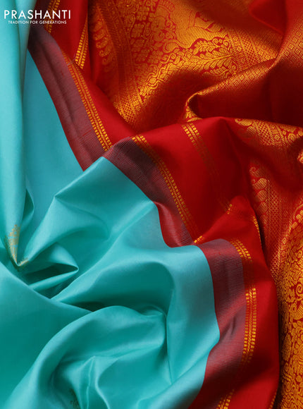 Pure kanchipuram silk saree teal blue and red with zari woven buttas and long zari woven korvai border