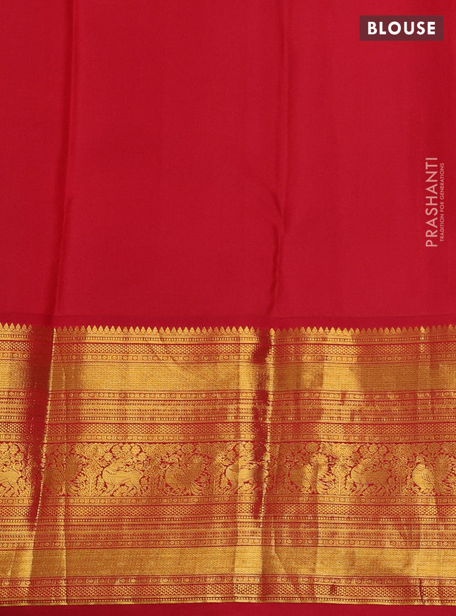 Pure kanchipuram silk saree teal blue and red with zari woven buttas and long zari woven korvai border