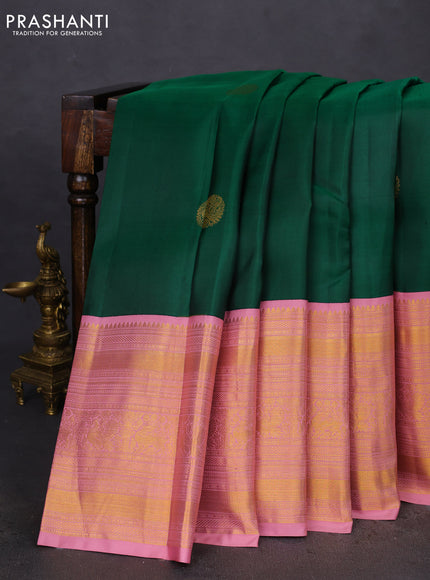 Pure kanchipuram silk saree green and pastel pink with zari woven buttas and long zari woven korvai border