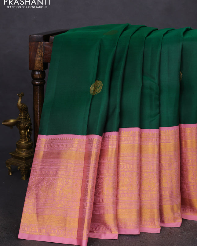 Pure kanchipuram silk saree green and pastel pink with zari woven buttas and long zari woven korvai border