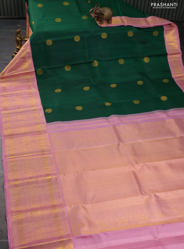 Pure kanchipuram silk saree green and pastel pink with zari woven buttas and long zari woven korvai border