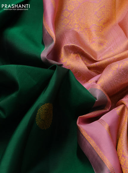 Pure kanchipuram silk saree green and pastel pink with zari woven buttas and long zari woven korvai border