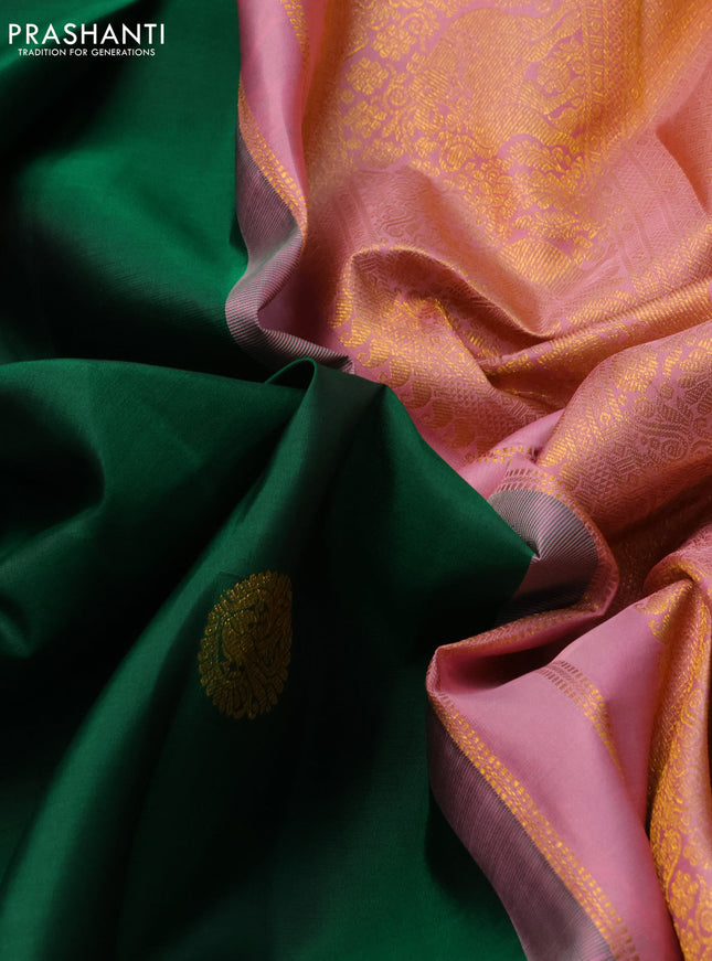 Pure kanchipuram silk saree green and pastel pink with zari woven buttas and long zari woven korvai border