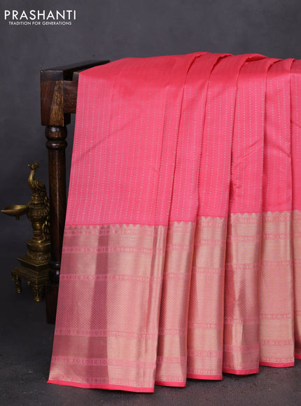 Pure kanchipuram silk saree peach pink with allover zari woven butta weaves and long zari woven korvai border