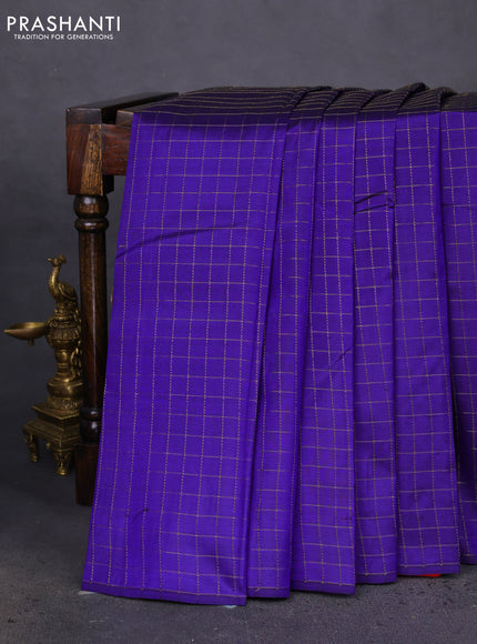 Pure kanchipuram silk saree blue and red with allover zari checked pattern in borderless style