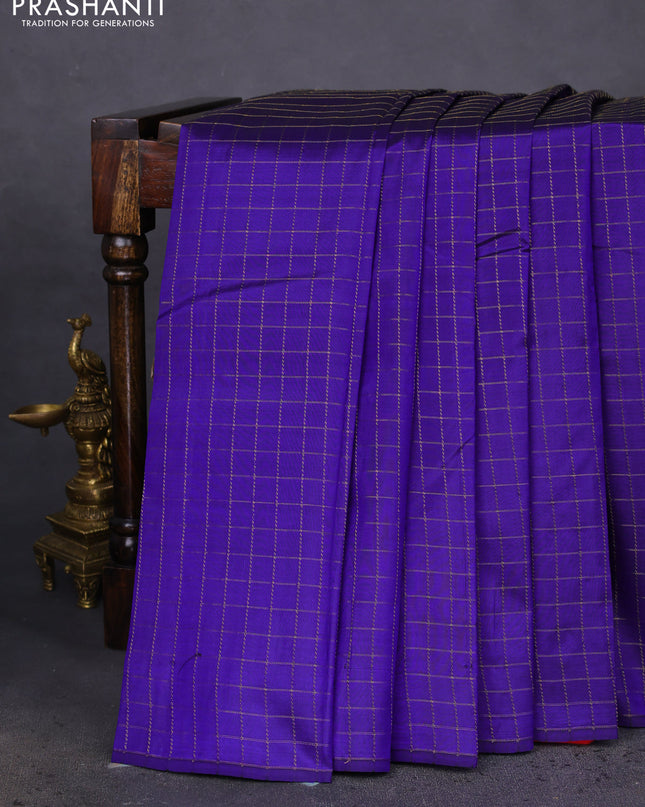 Pure kanchipuram silk saree blue and red with allover zari checked pattern in borderless style