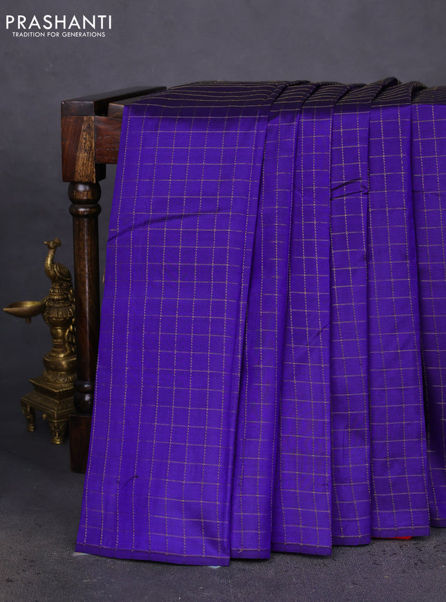 Pure kanchipuram silk saree blue and red with allover zari checked pattern in borderless style