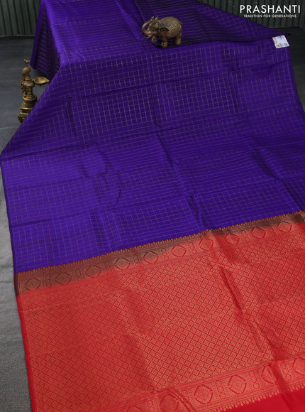 Pure kanchipuram silk saree blue and red with allover zari checked pattern in borderless style