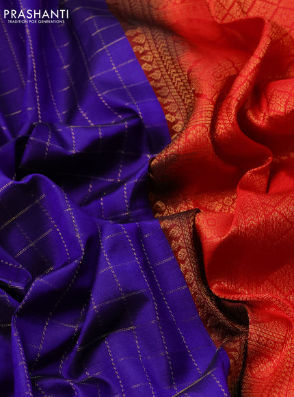 Pure kanchipuram silk saree blue and red with allover zari checked pattern in borderless style