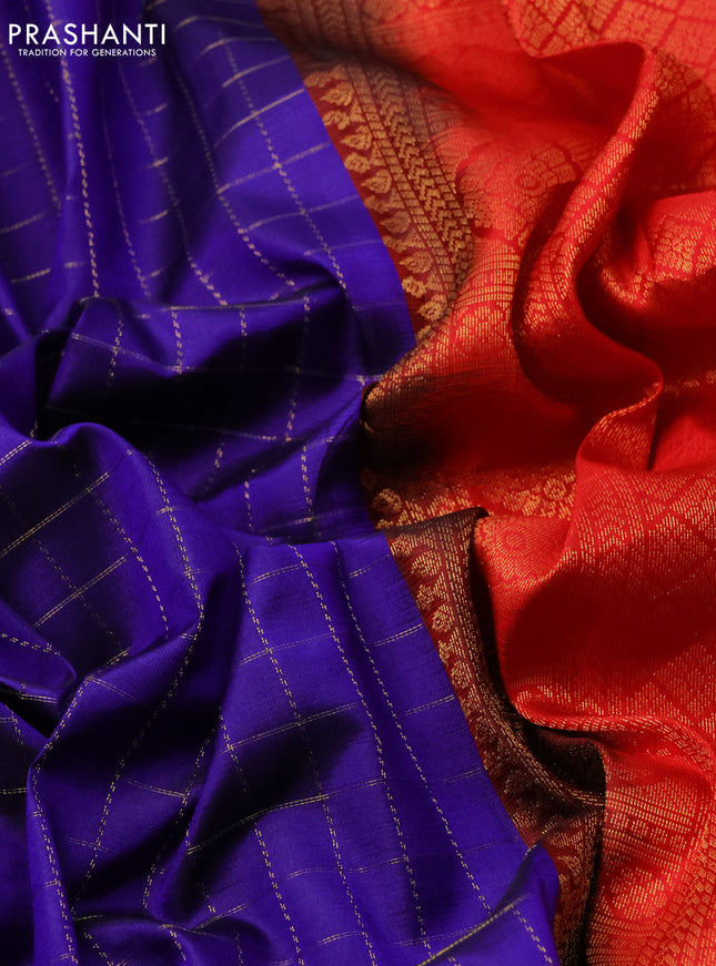 Pure kanchipuram silk saree blue and red with allover zari checked pattern in borderless style
