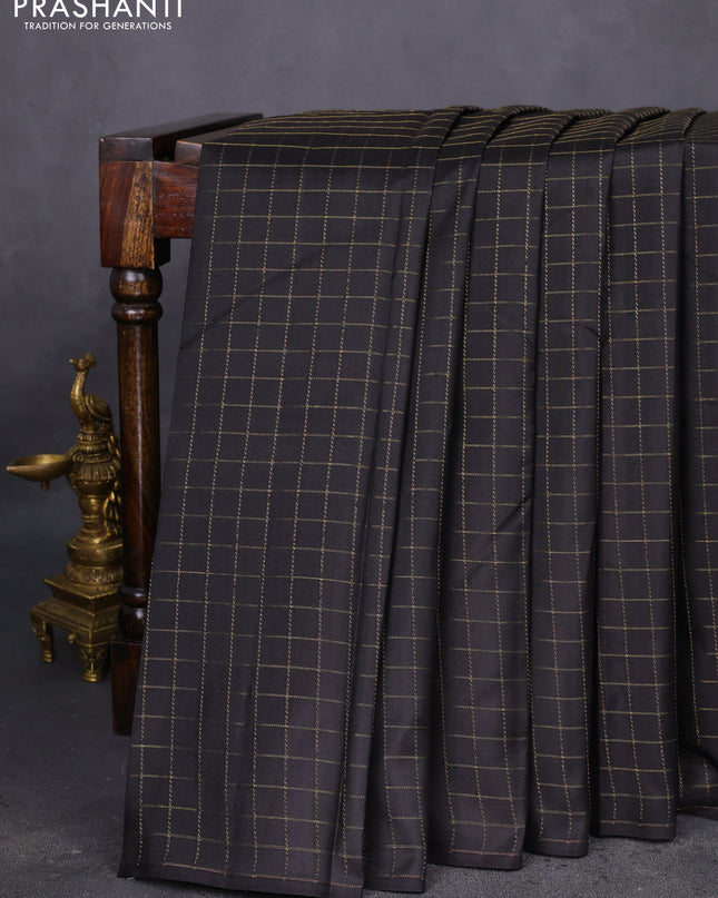 Pure kanchipuram silk saree dark coffee and red with allover zari checked pattern in borderless style