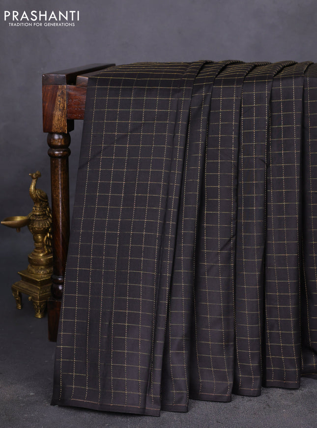 Pure kanchipuram silk saree dark coffee and red with allover zari checked pattern in borderless style