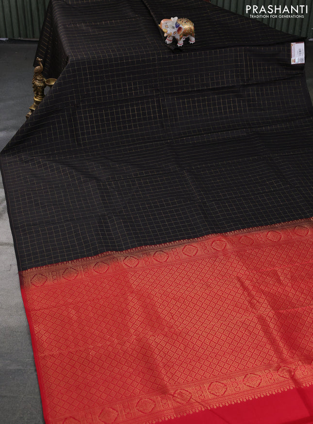 Pure kanchipuram silk saree dark coffee and red with allover zari checked pattern in borderless style