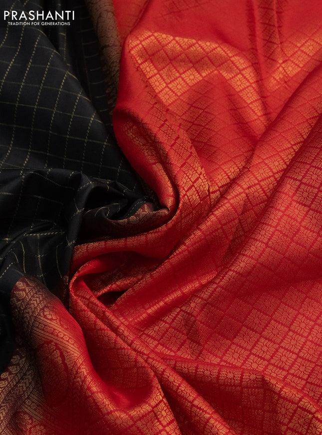 Pure kanchipuram silk saree dark coffee and red with allover zari checked pattern in borderless style