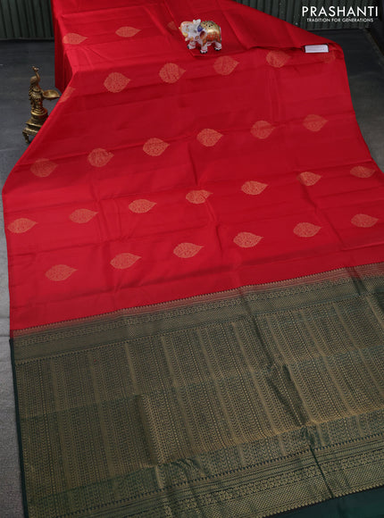 Pure kanchipuram silk saree red and bottle green with zari woven buttas in borderless style
