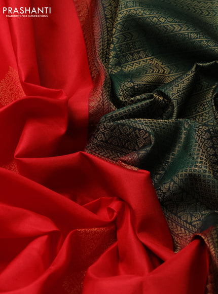 Pure kanchipuram silk saree red and bottle green with zari woven buttas in borderless style