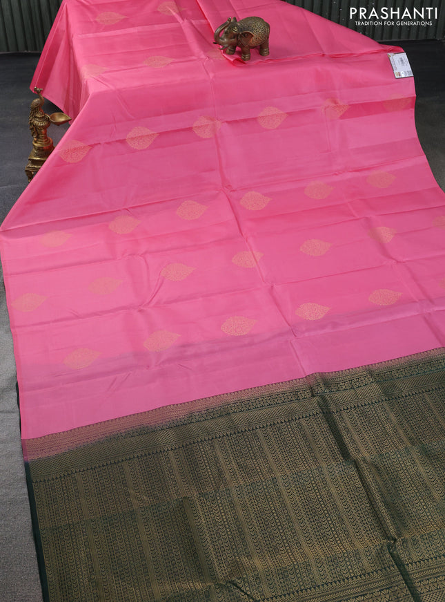 Pure kanchipuram silk saree peach pink and bottle green with zari woven buttas in borderless style