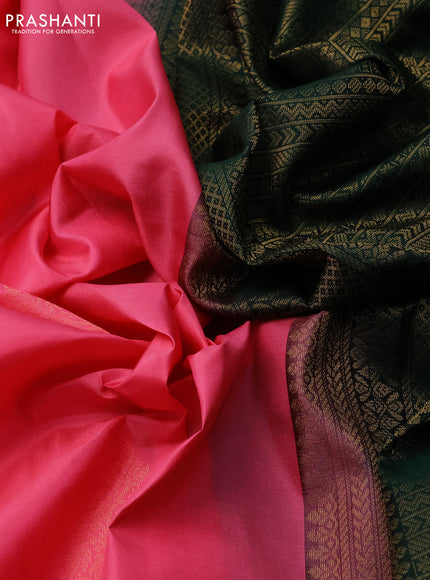 Pure kanchipuram silk saree peach pink and bottle green with zari woven buttas in borderless style