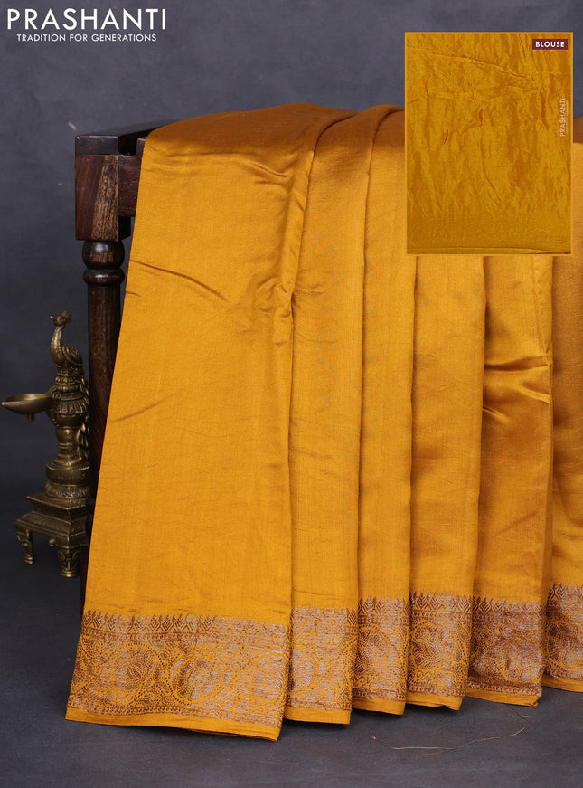 Chiniya silk saree mustard yellow with plain body and woven border