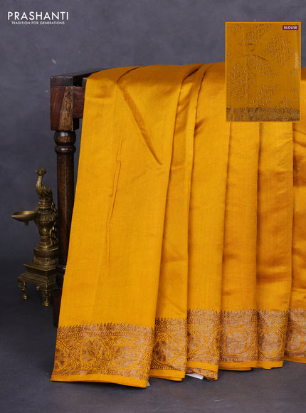 Chiniya silk saree mustard yellow with plain body and woven border