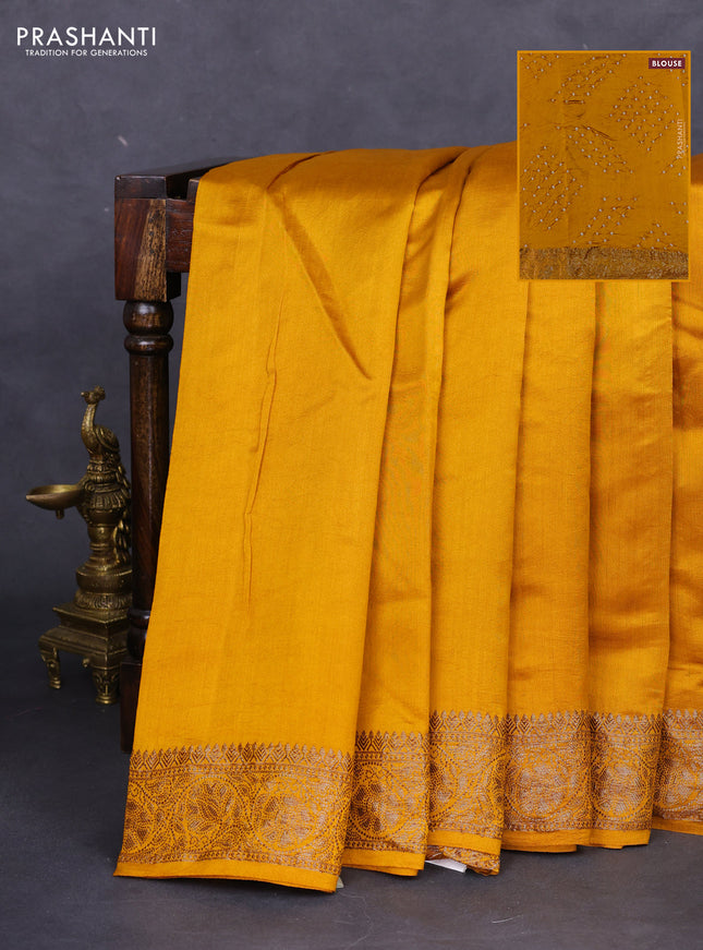 Chiniya silk saree mustard yellow with plain body and woven border