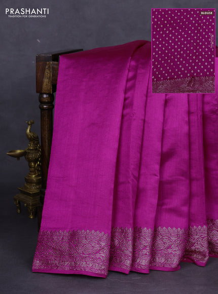 Chiniya silk saree magenta pink with plain body and woven border