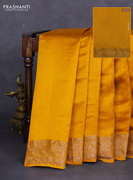 Chiniya silk saree mustard yellow with plain body and woven border