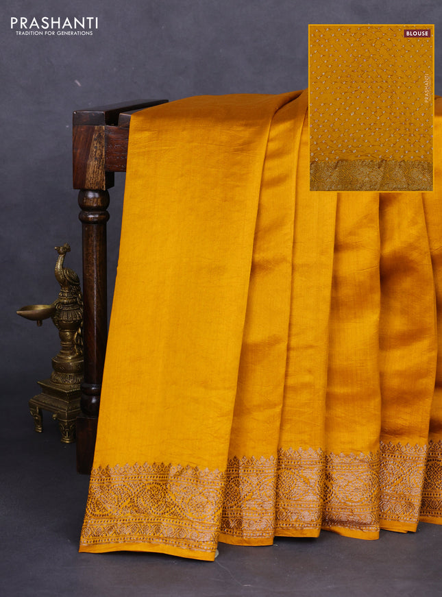 Chiniya silk saree mustard yellow with plain body and woven border
