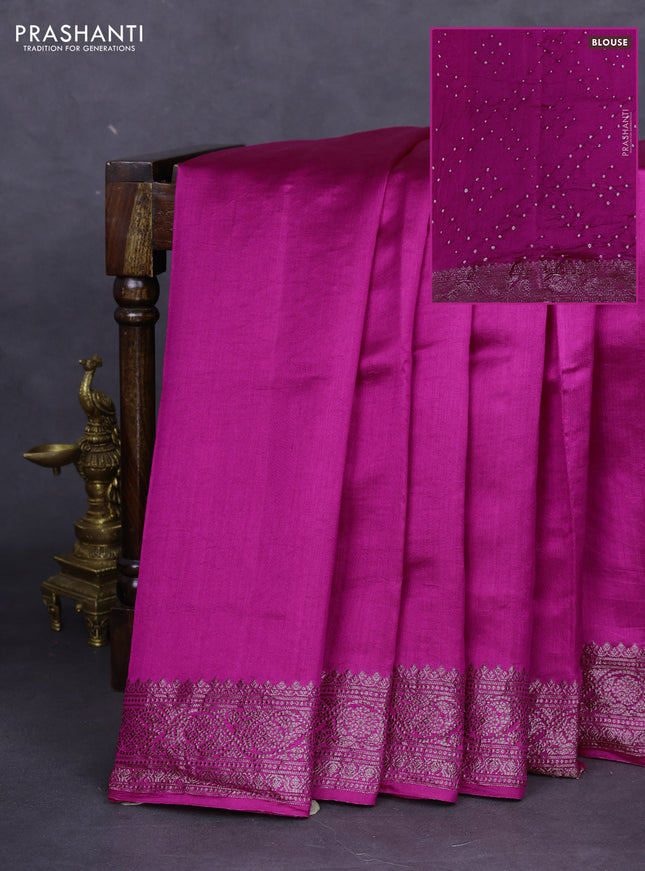 Chiniya silk saree magenta pink with plain body and woven border