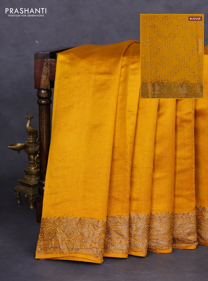 Chiniya silk saree mustard yellow with plain body and woven border
