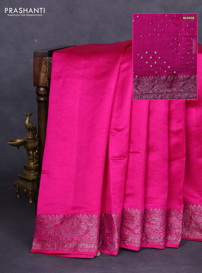 Chiniya silk saree magenta pink with plain body and woven border