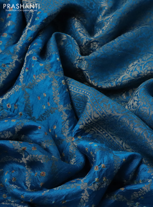 Chiniya silk saree cs blue with allover zari weaves & bandhini prints and zari woven border
