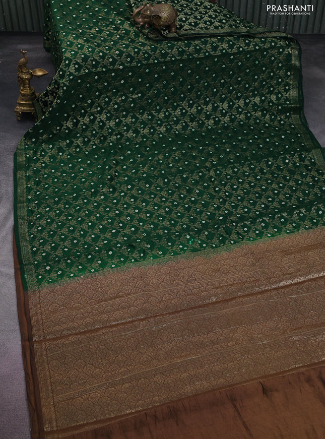 Chiniya silk saree green and brown with allover zari weaves & bandhini prints and zari woven border