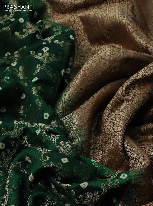 Chiniya silk saree green and brown with allover zari weaves & bandhini prints and zari woven border