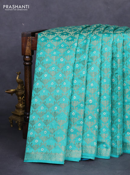 Chiniya silk saree teal green and cs blue with allover zari weaves & bandhini prints and zari woven border