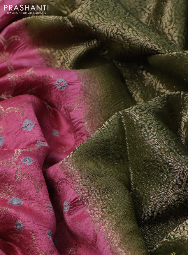Chiniya silk saree peach pink and mehendi green with allover zari weaves & bandhini prints and zari woven border