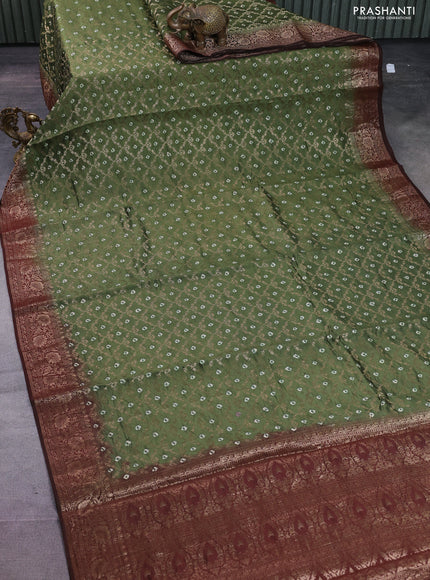 Chiniya silk saree sap green and deep maroon with allover zari weaves & bandhini prints and zari woven border