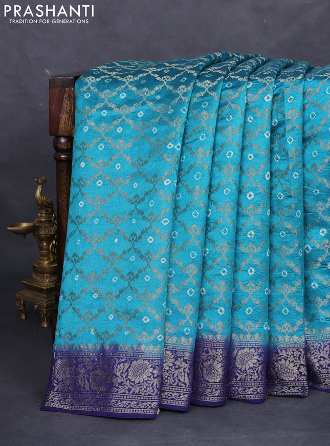 Chiniya silk saree teal blue and blue with allover zari weaves & bandhini prints and zari woven border