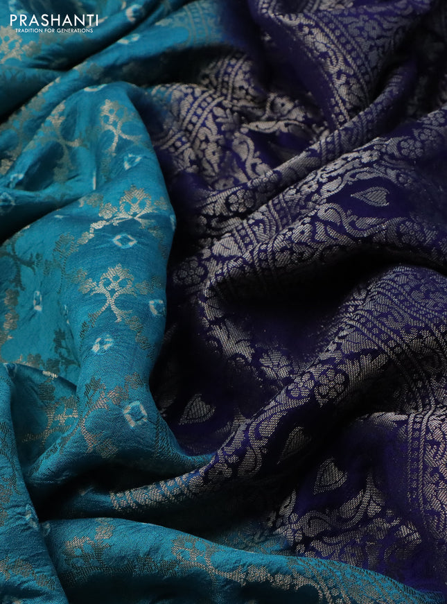 Chiniya silk saree teal blue and blue with allover zari weaves & bandhini prints and zari woven border