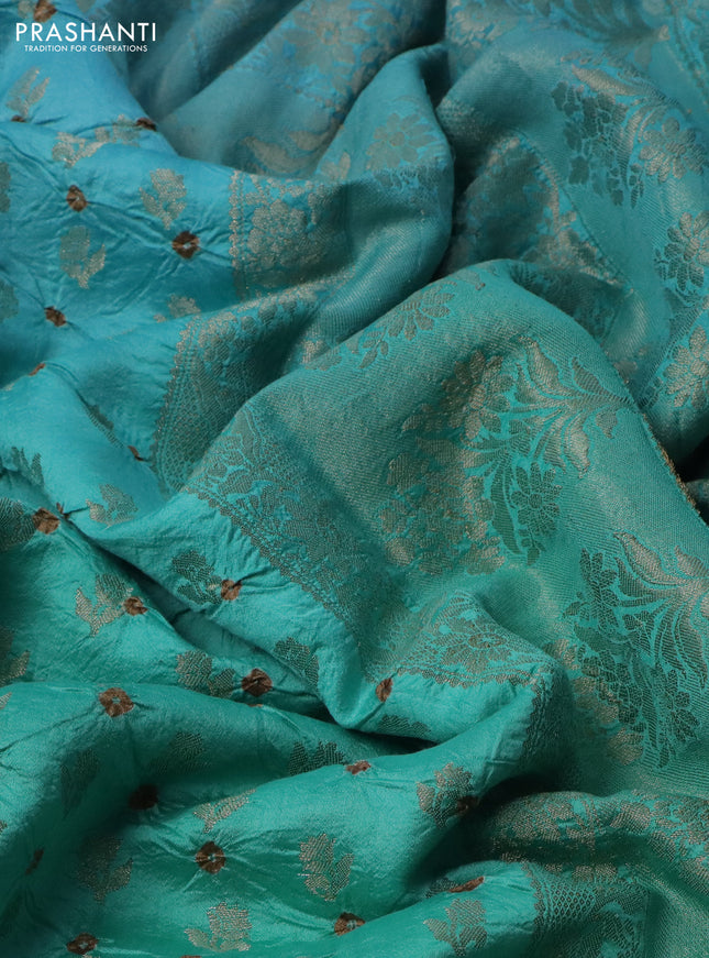 Chiniya silk saree pastel blue and teal green with allover zari buttas & bandhini prints and zari woven border