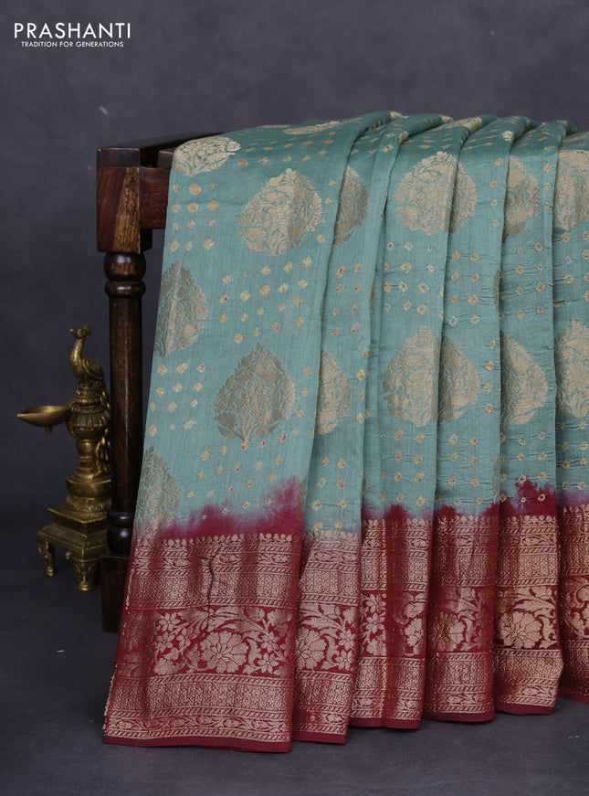 Chiniya silk saree greyish green and maroon with allover zari buttas & bandhini prints and zari woven border